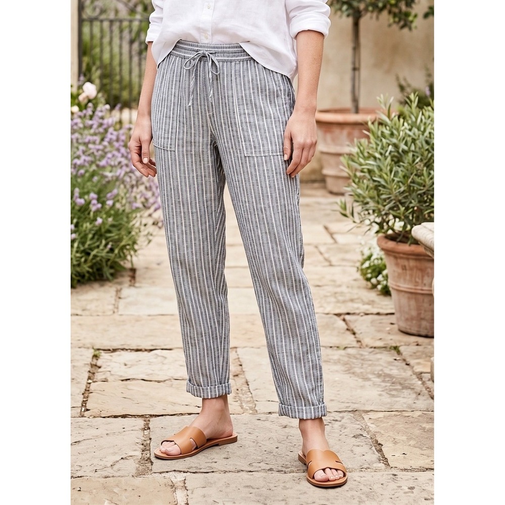 Old Navy Striped Linen Blend Drawstring Pants Women's L Coastal Beach Drawstring